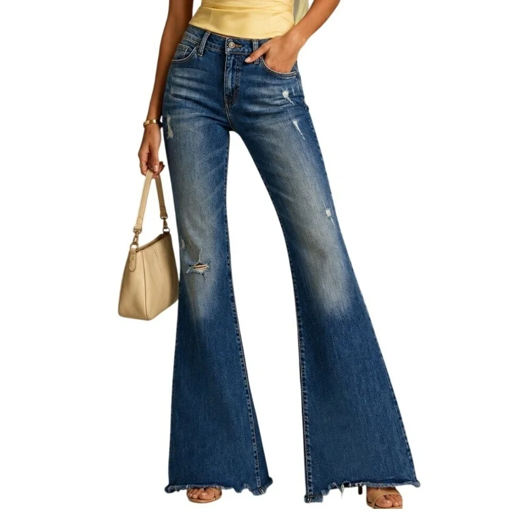 Flying Monkey‎ Retro Grunge Mid Rise Flare Jeans Distressed Med Wash Raw Hem 29